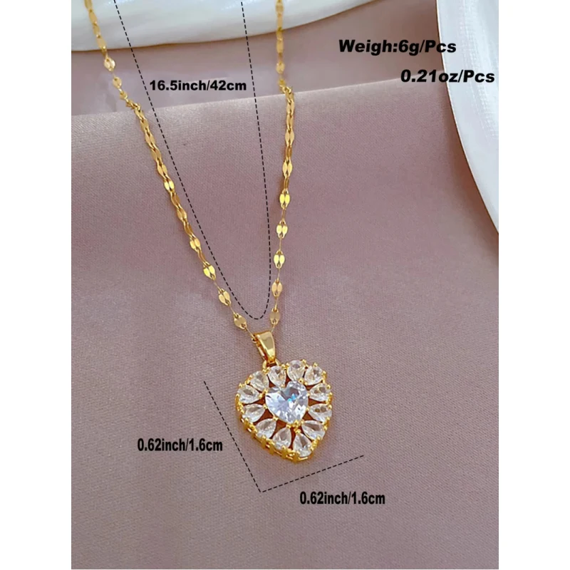 women fashion necklace 1pc shining heart shaped zircon inlay golden clavicle chain light luxury versatile style