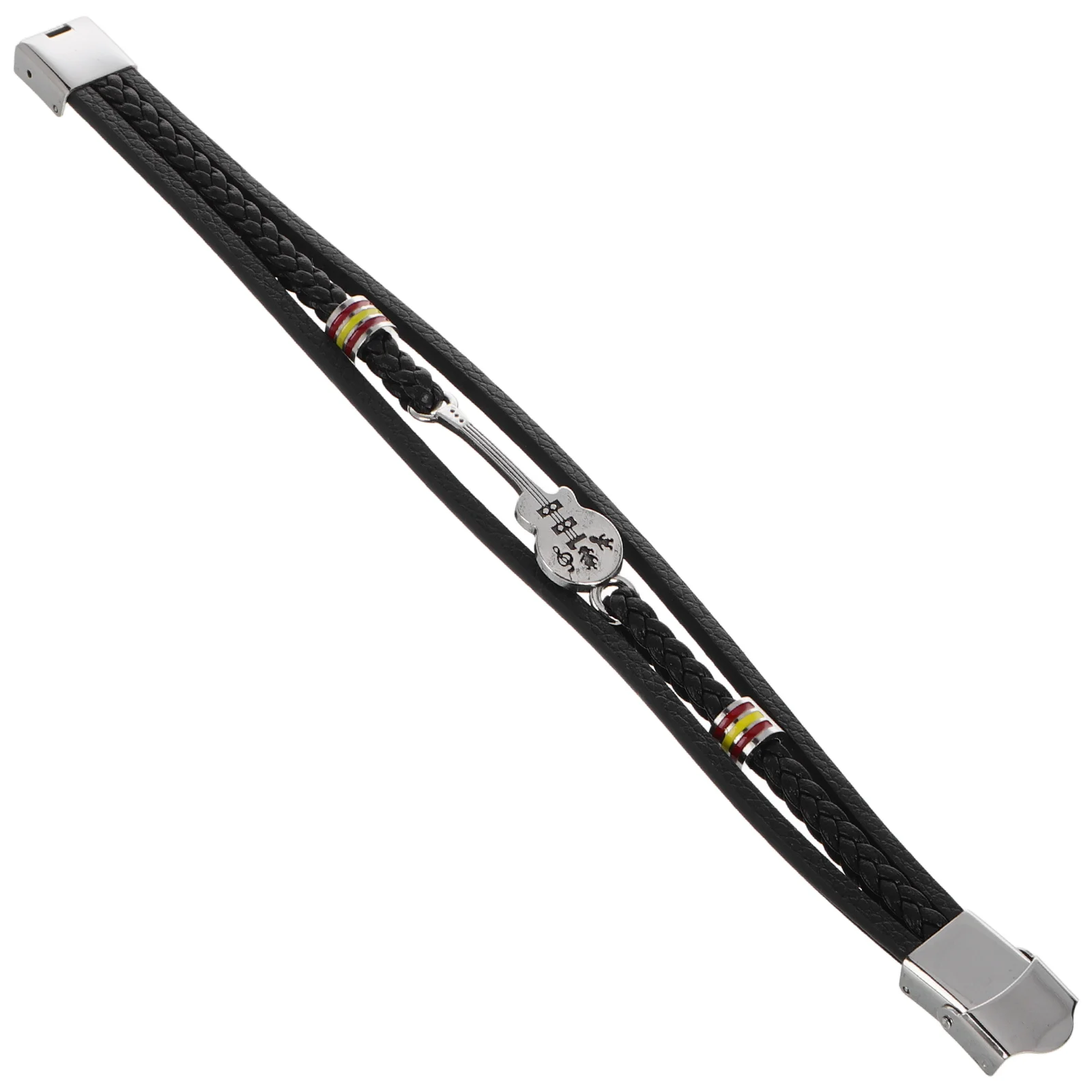 

Black PU Knitted Bracelet Bangle Steel Clasp Closure Men Punk Multi Layer Wristwear Unique Design Hand Chain