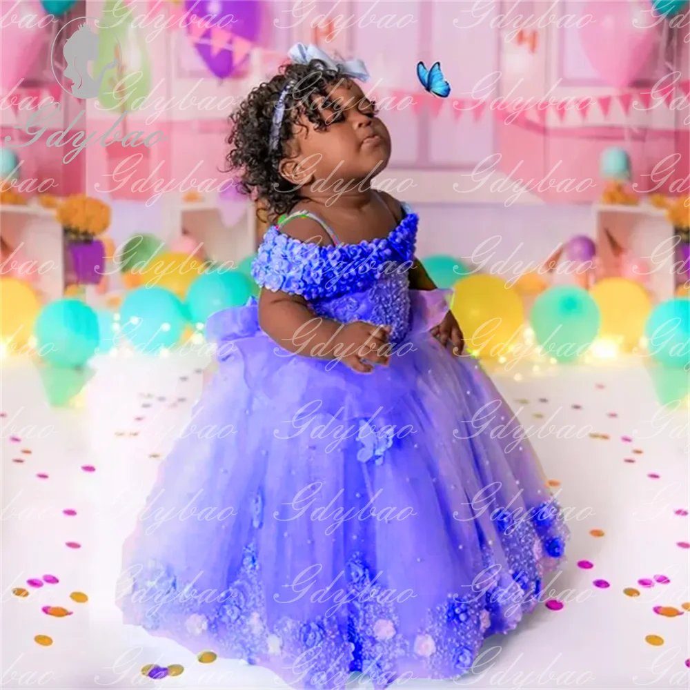 Vestidos de niña de flores rosas con perlas y hombros descubiertos, vestido de princesa con flores y mariposas de encaje, primera fiesta de cumpleaños y comunión infantil