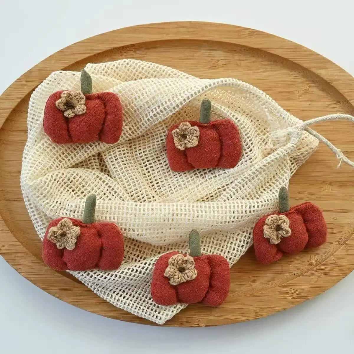 Handmade Crochet Orange Red Flower Brooch Fabric Pumpkin Forest Girl Literary Casual Pin for Women Daily