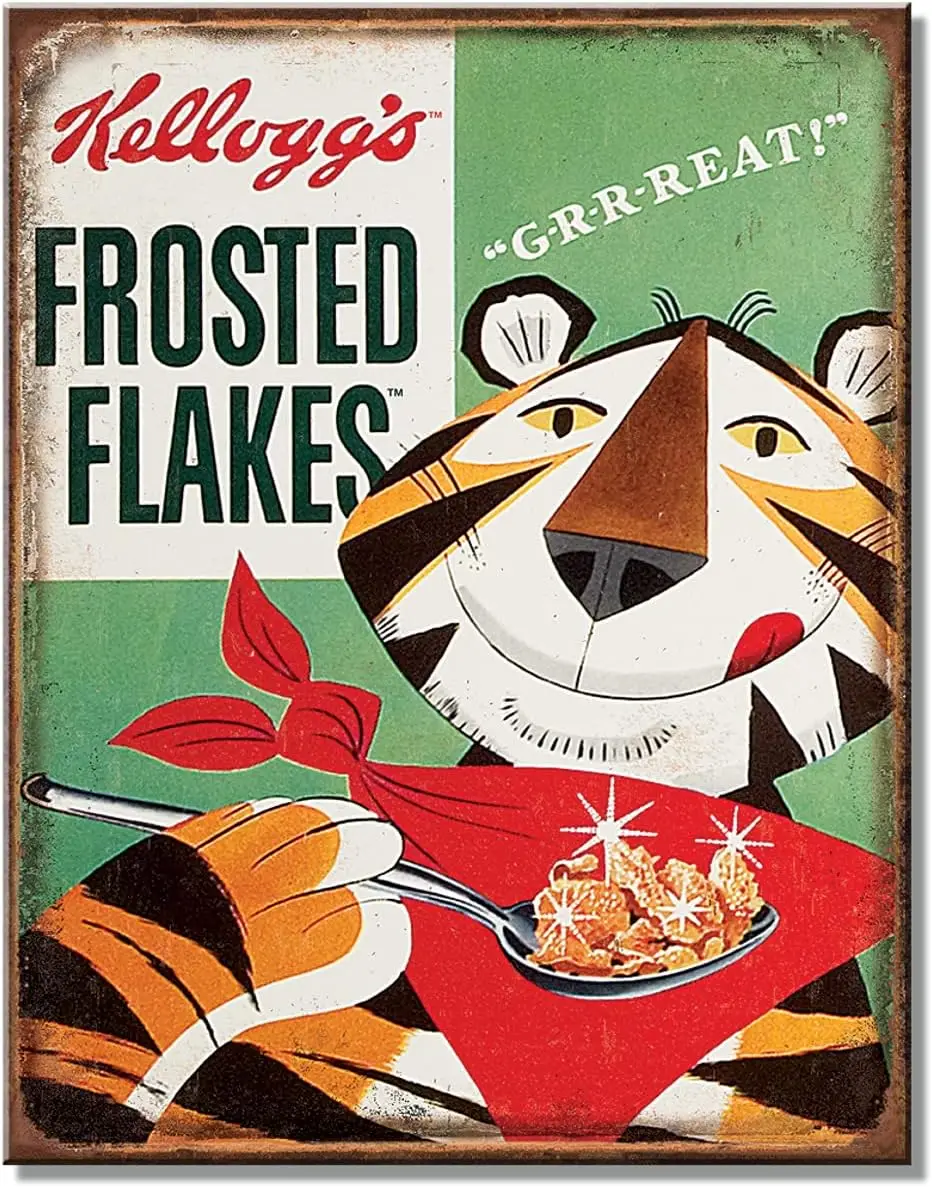 Desperate Enterprises Kelloggs Frosted Flakes Tony Tin Sign - Decoración de pared de metal vintage nostálgica hecha en EE. UU.