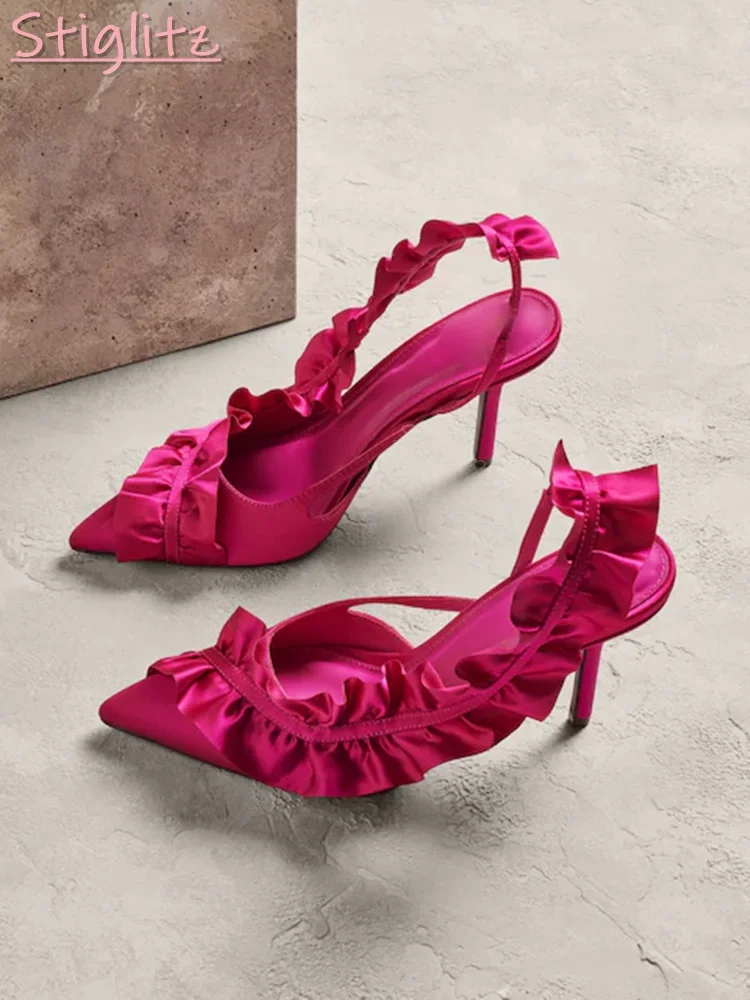 

Туфли-лодочки на шпильке с милыми оборками, однотонные сандалии без шнуровки на тонком высоком каблуке с острым носком, женские новые модные модельные туфли 2025