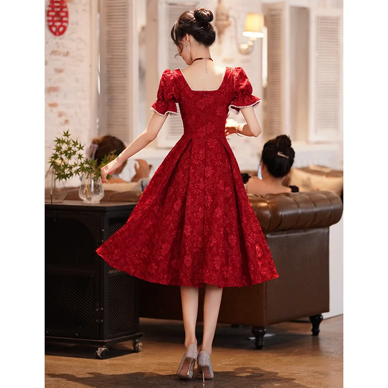 Chinese Style Burgundy Cheongsam Lady Puff Sleeve Qipao Large Size 4XL  Formal Party Dress Elegant Bridal Wedding Dress