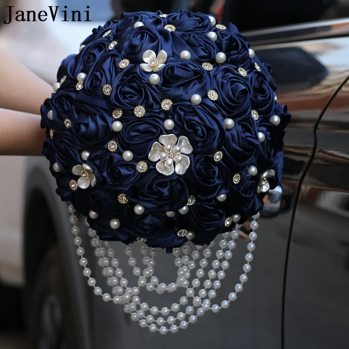 JaneVini Navy Blue Pearl Bouquet for Bride Flower Ribbon Roses Waterfall Crystal Beaded Wedding Bouquets Bridal Ramos Para Novia