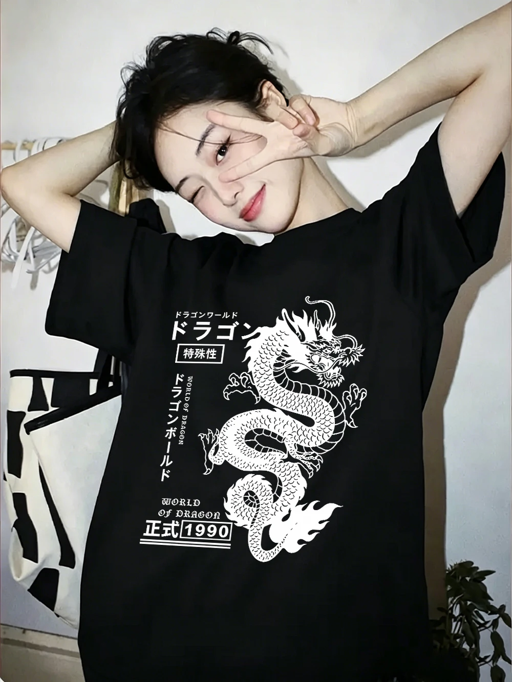 Vintage Japanese Dragon Printing T-Shirts Womens Cotton Summer Oversized Tops O-Neck Short Sleeve T Shirts Street Soft Clothes