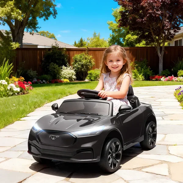 Coche para niños de 12 V, coche eléctrico Ford MusMach-E con licencia con control remoto, luz LED, música, negro