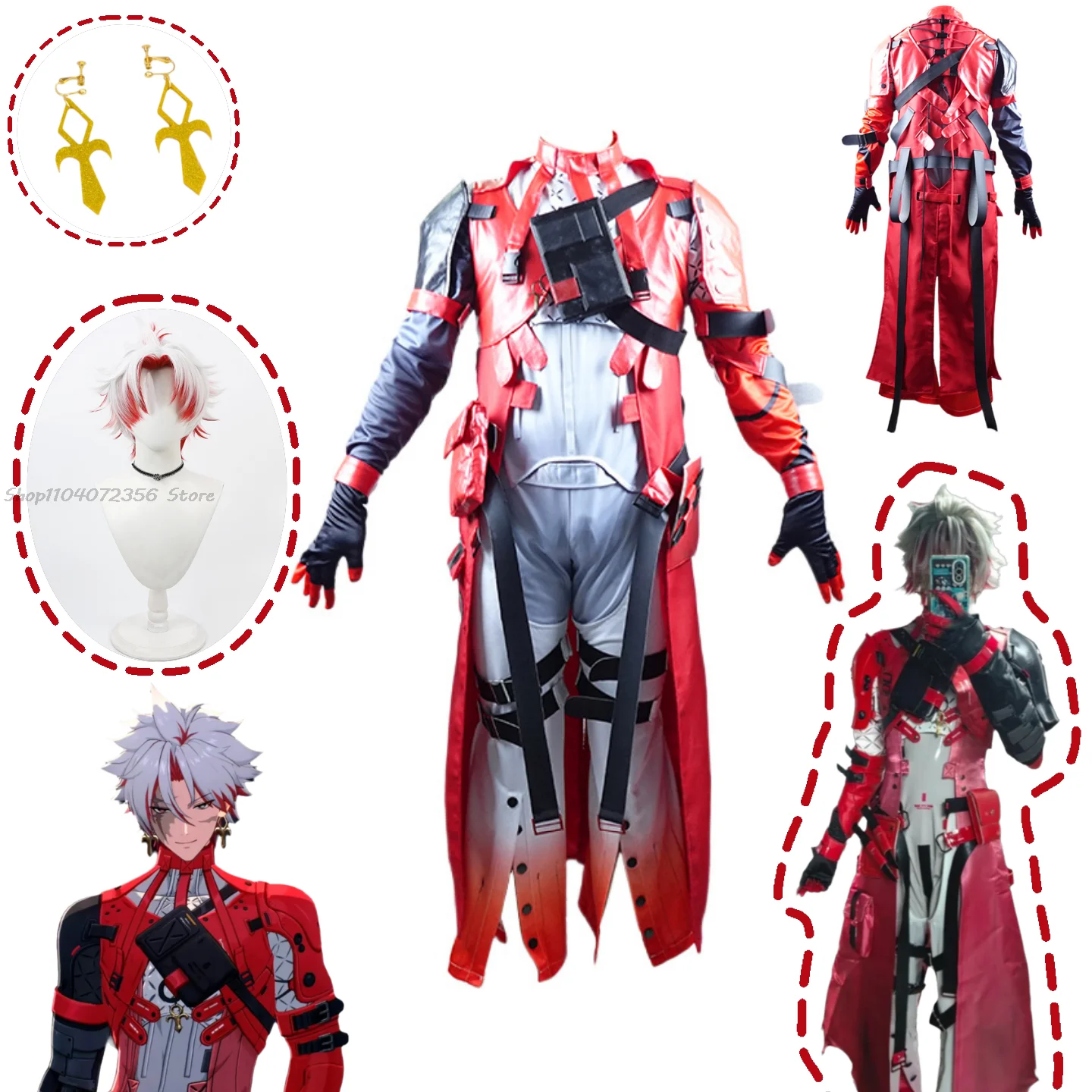 Wuthering Waves Scar Cosplay Costume Wig Men Red Uniform Earrings Electro Congenital Resonator Cortex Halloween Party