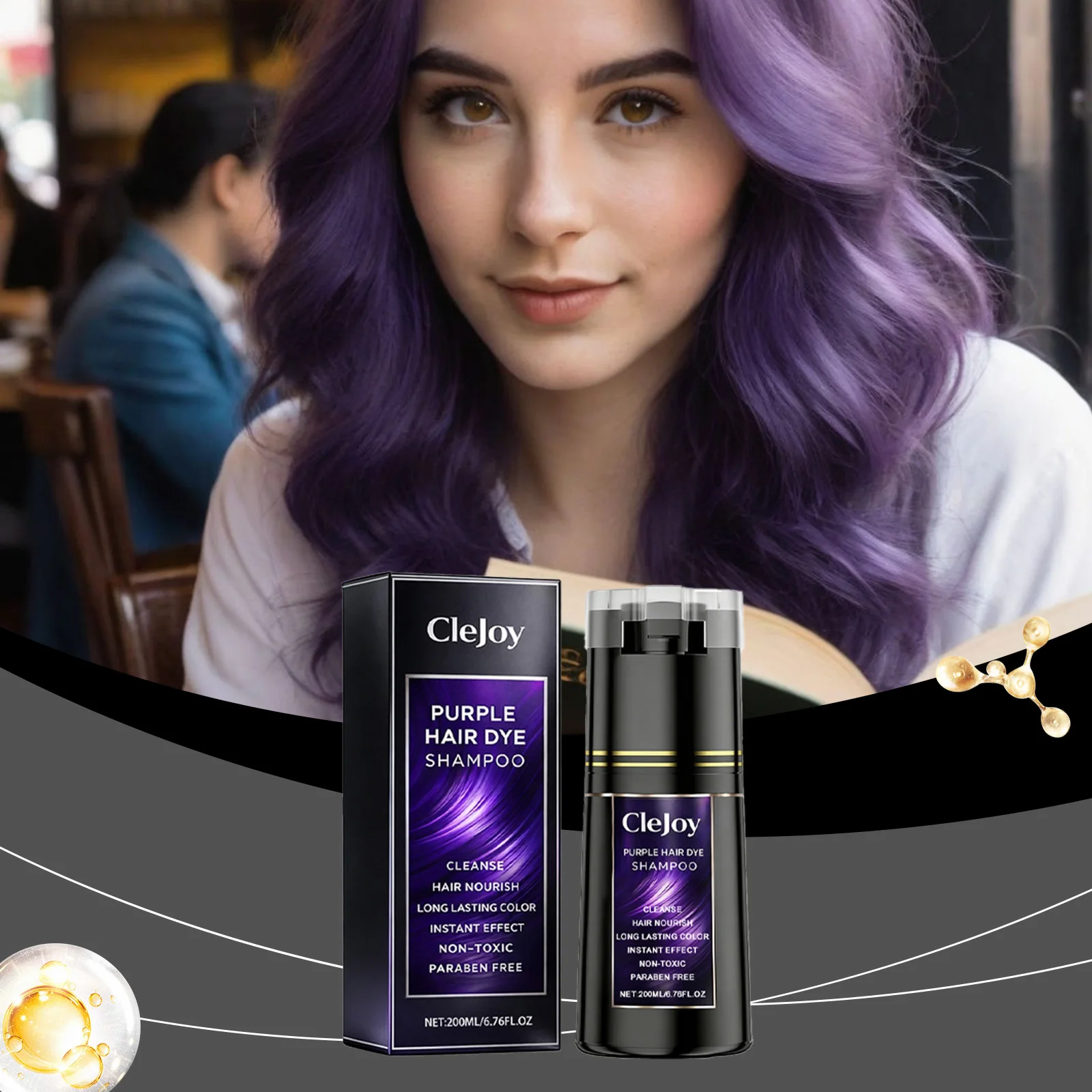 Clejoy Purple Hair Dye Shampoo Permanent Gray Hair Coverage 3-in-1 Cleanse Nourish Gentle Long Lasting Color Halloween Care