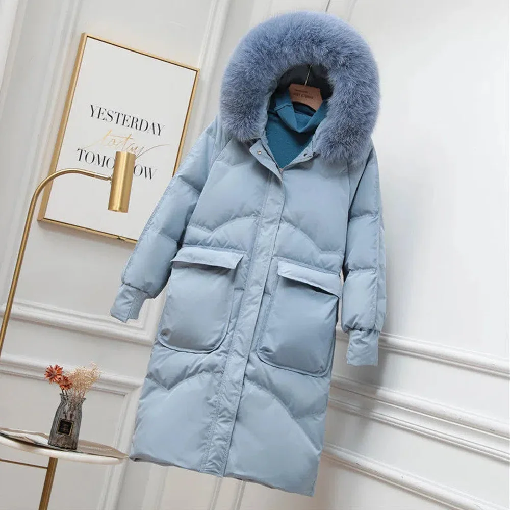 New Female Down Jackets Winter New White Duck Down Large Size Long Hat Big Fur Collar Thickened High-Grade Warm Coats Women