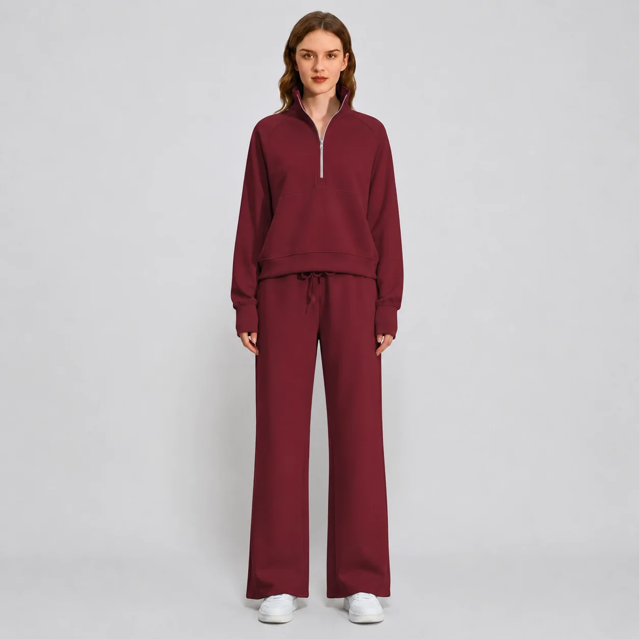 EOENKKY Women 2 Piece Tracksuit Set Half Zip Sweatshirt Wide Leg Pants Long Sleeve Stand Collar Casual Lounge Outfit
