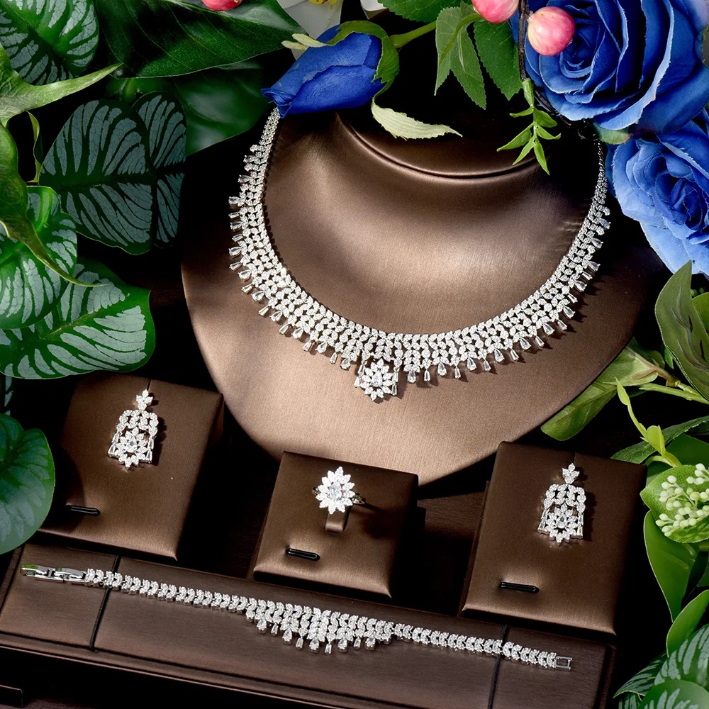 HIBRIDE AAA Vintage Style Tassel Jewellery Set Cubic Zirconia Necklace Earrings Party Costume Bridal Wedding Accessories S-94