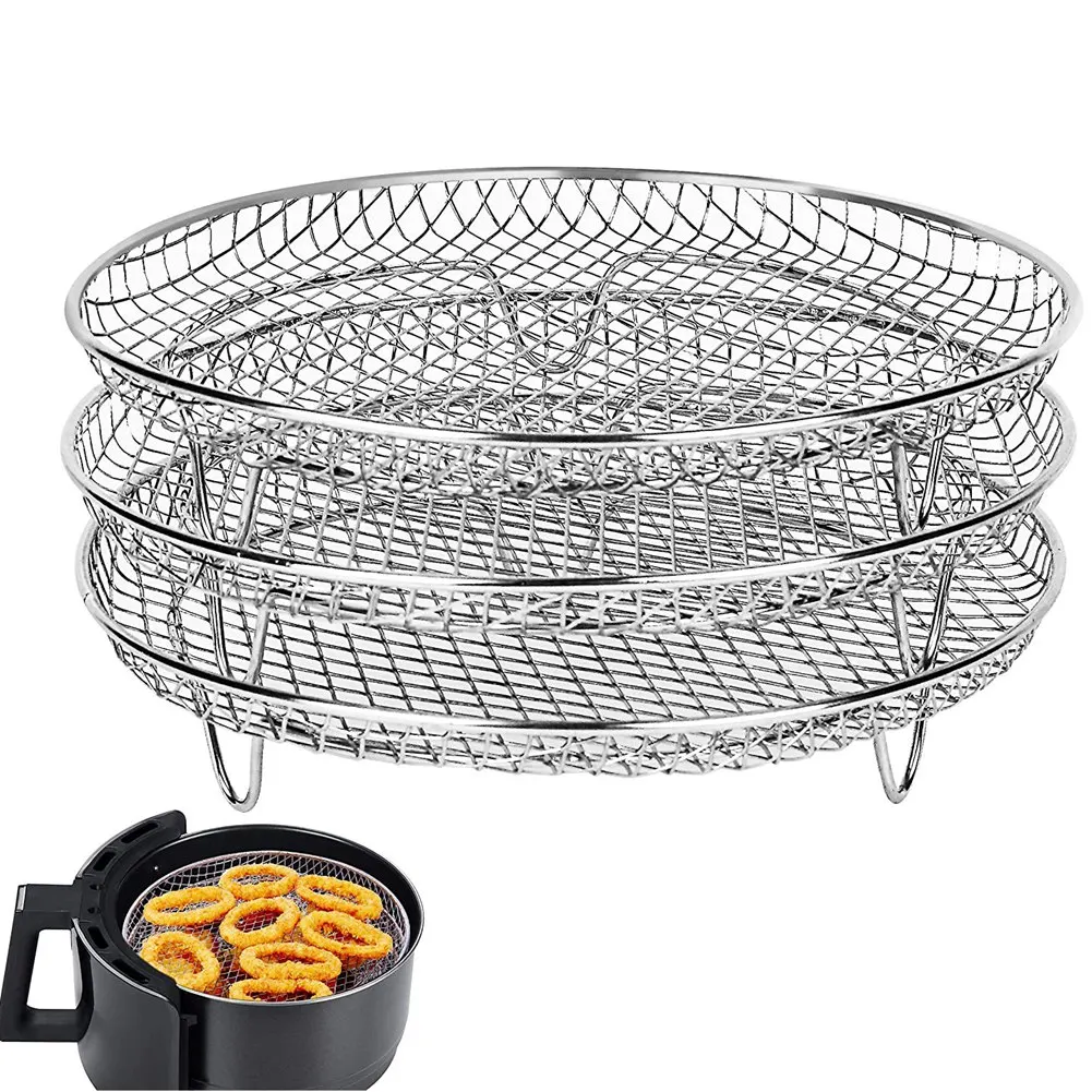 A86I-8-Inch 3-Layers Air Fryer Rack Stackable Grid Grilling Rack Stainless Steel Round Rack for Home Kitchen Oven Cooker