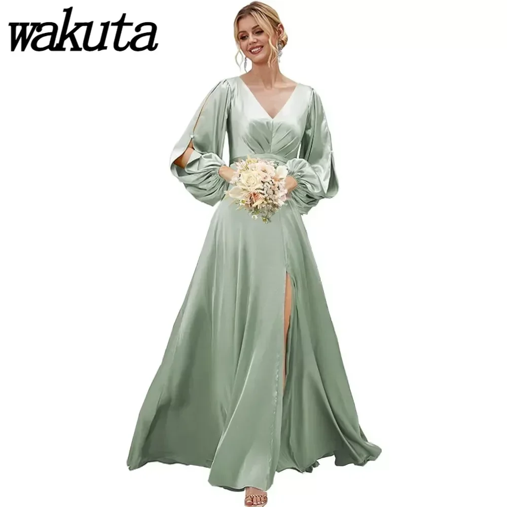 

Wakuta Women‘s Long Sleeves Satin Bridesmaid Dress with Pockets Elegant V Neck Formal Evening Party Gowns Wedding Guest Dresses