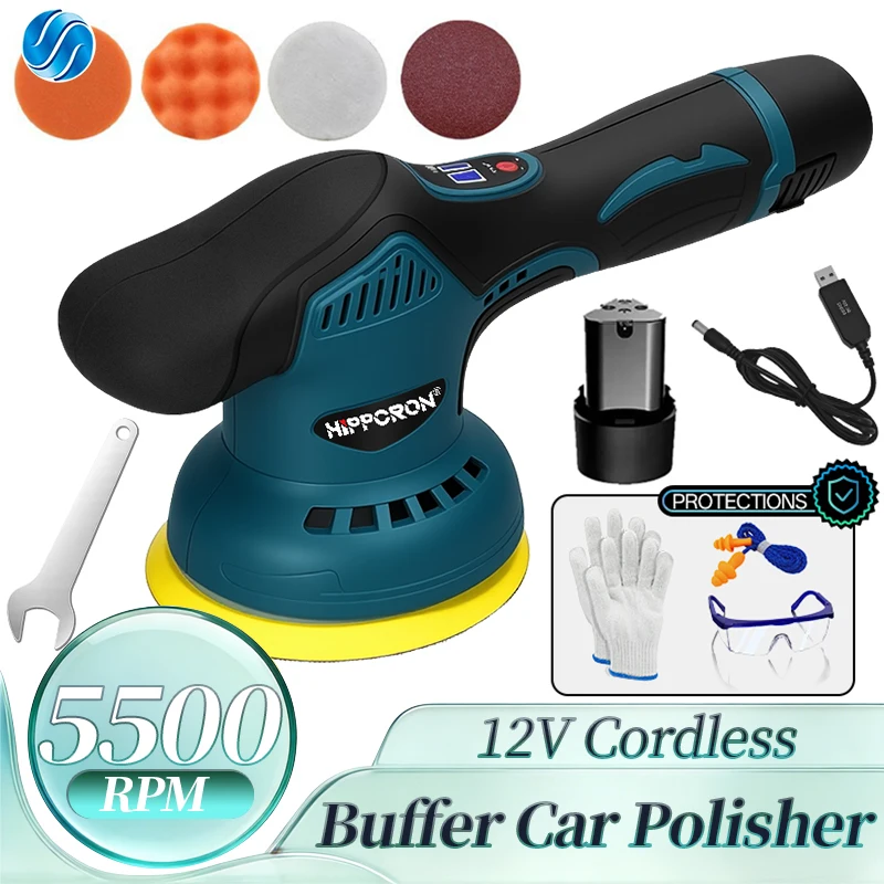 

Беспроводная полировальная машинка HIPPCRON 5500 об/мин, 12 В, 6 дюймов, 8 регулируемых скоростей, с губчатыми и шерстяными насадками, ручной инструмент для полировки и вощения автомобиля