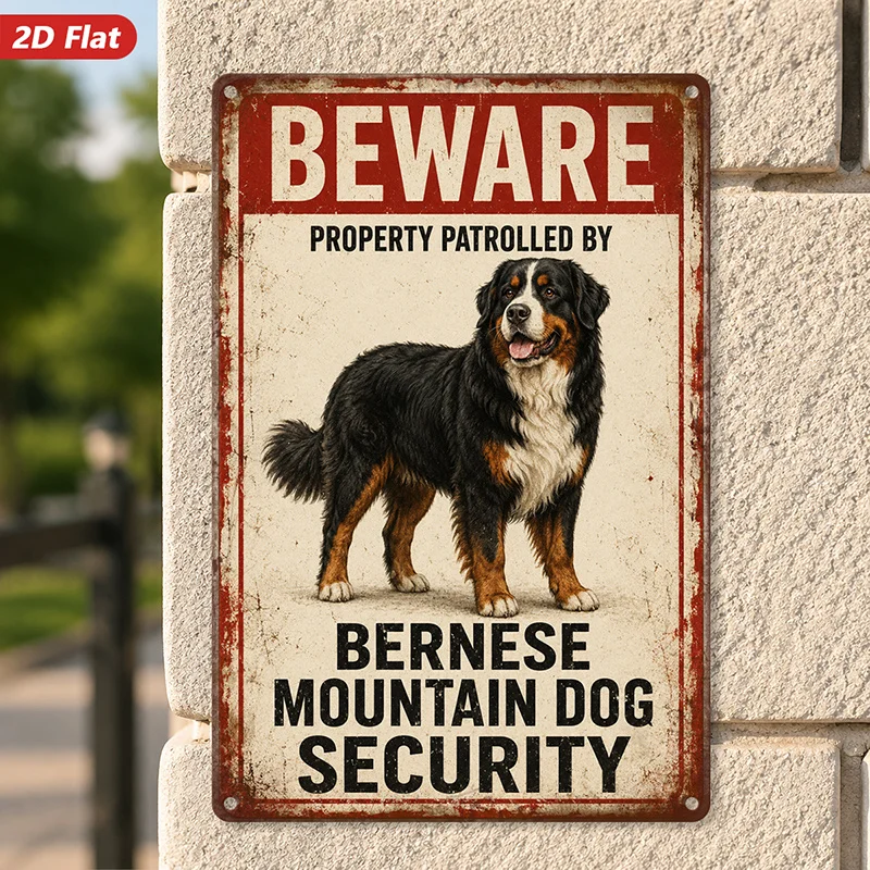 1pc Bernese Dog Warning Metal Sign Wall Art, Perfect for Kitchen Bedroom, Beware Patrol Message, Bernese Mountain Dog - view 3