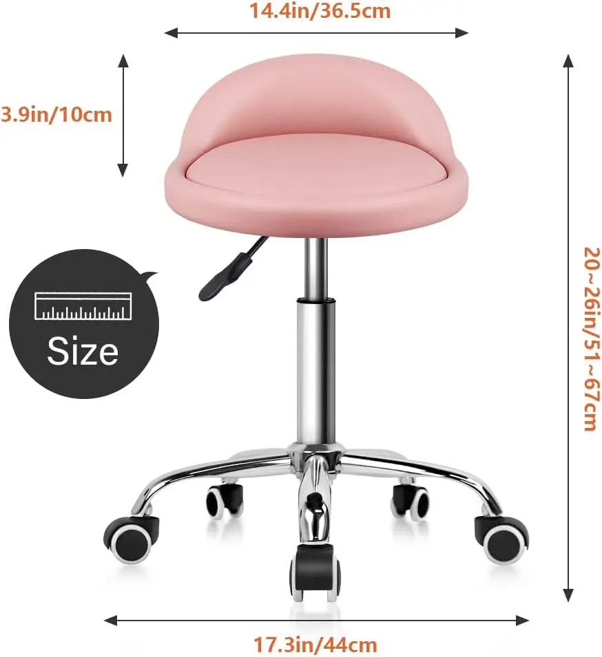 Pu Leather Round Rolling Stool With Back Rest Height Adjustable Swivel Drafting Work Spa Task Chair With Wheels Pink