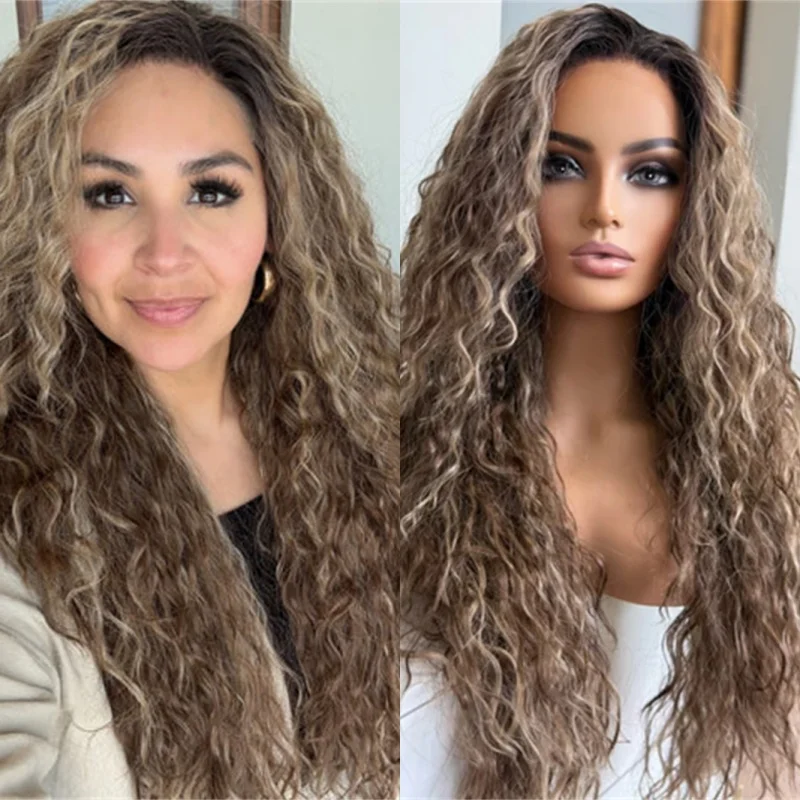 Ombre Warm Brown Blonde HD Invisible Lace Front Wig with Dark Roots Heat Resistant Fiber Wig Long eep Curly Wave Wig 28 Inch