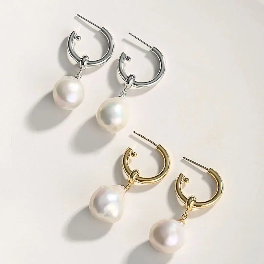 

925 Silver Pearl Earring Trendy Natural Freshwater Baroque Pearls 18K Gold Plated Pearl Jewelry Christmas Gifts for Women