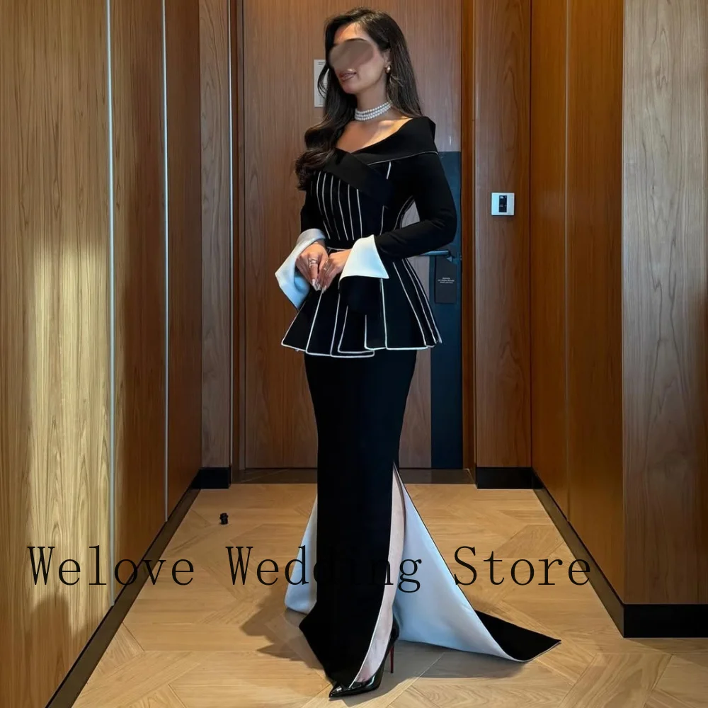 Evening Dress with Asymmetric Off-Shoulder Neckline White Piped Peplum Bodice Long Flared White Cuffs Front Slit Mermaid Skirt