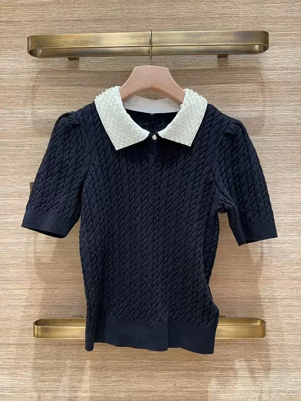 

Heavyweight Pearl Collar Detachable Knitted Top with Vertical Ribbing ort Sve Women's Cotton Knitwear for Early Spring