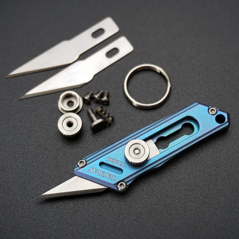 Blue Titanium Alloy Push Pocket Knife Multifunctional Keychain Utility Knife Survival EDC Tool Express Cutter can Replace Blade