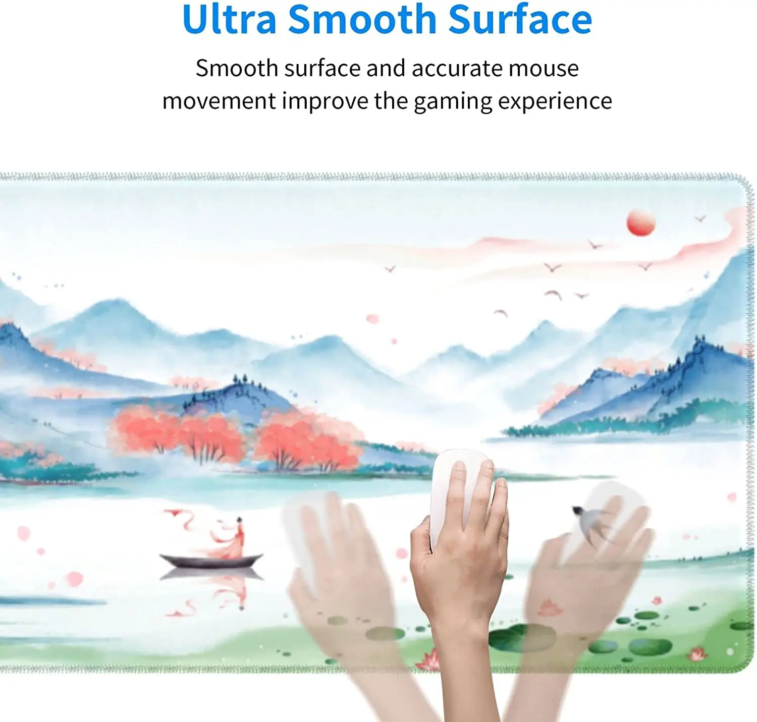 Landscape Ink Painting Gaming Mouse Pad XL Large Non Slip Rubber Mousepad Stitched Edges Desk Pad 31.5X11.8