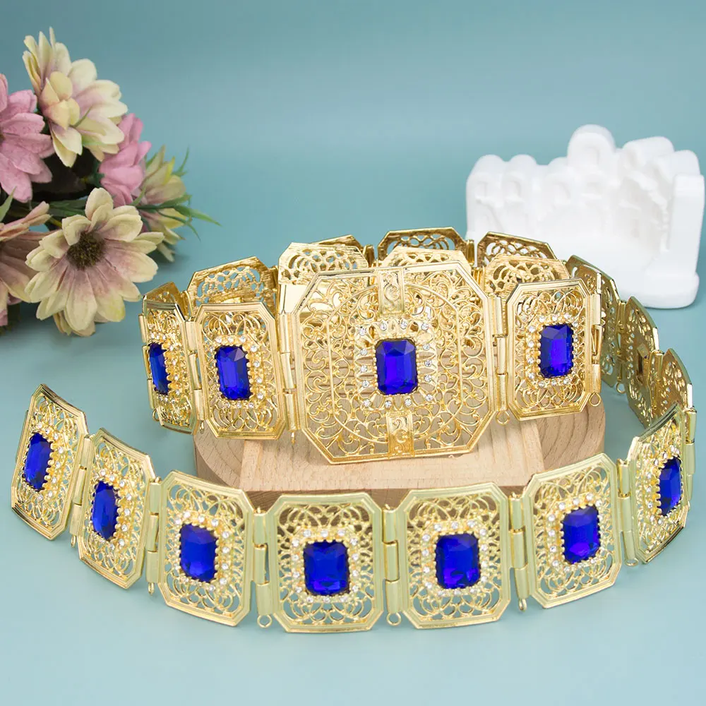 Sunspicems Morocco Caftan Belt Square Crystal Adjustable Length Arabic Women Wedding Jewerly Bridal Dress Waist Chain Gold Color