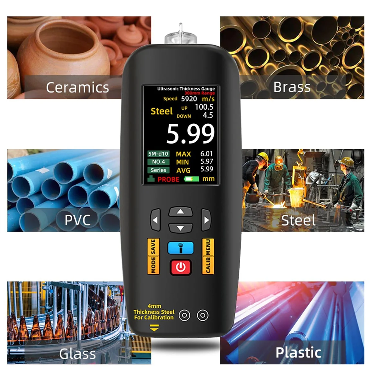 مقياس سمك بالموجات فوق الصوتية SEMOIC، نطاق 1-300 مم مع شاشة ملونة، مع مسبار لقياس المعدن الصلب والبلاستيك الفضي PVC