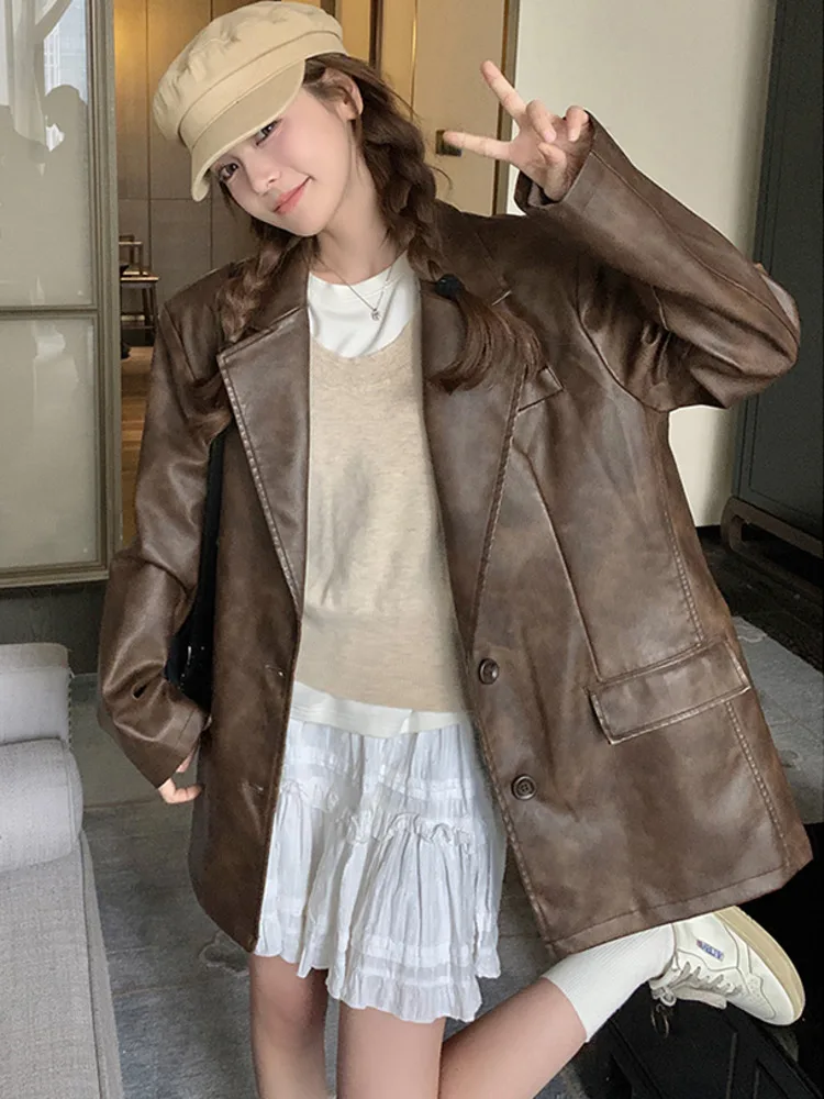 LANMREM Brown Leather Jacket Women Notched Collar Long Sleeves Single Breasted Office Lady Cool Coats 2024 Autumn New 2DA8997