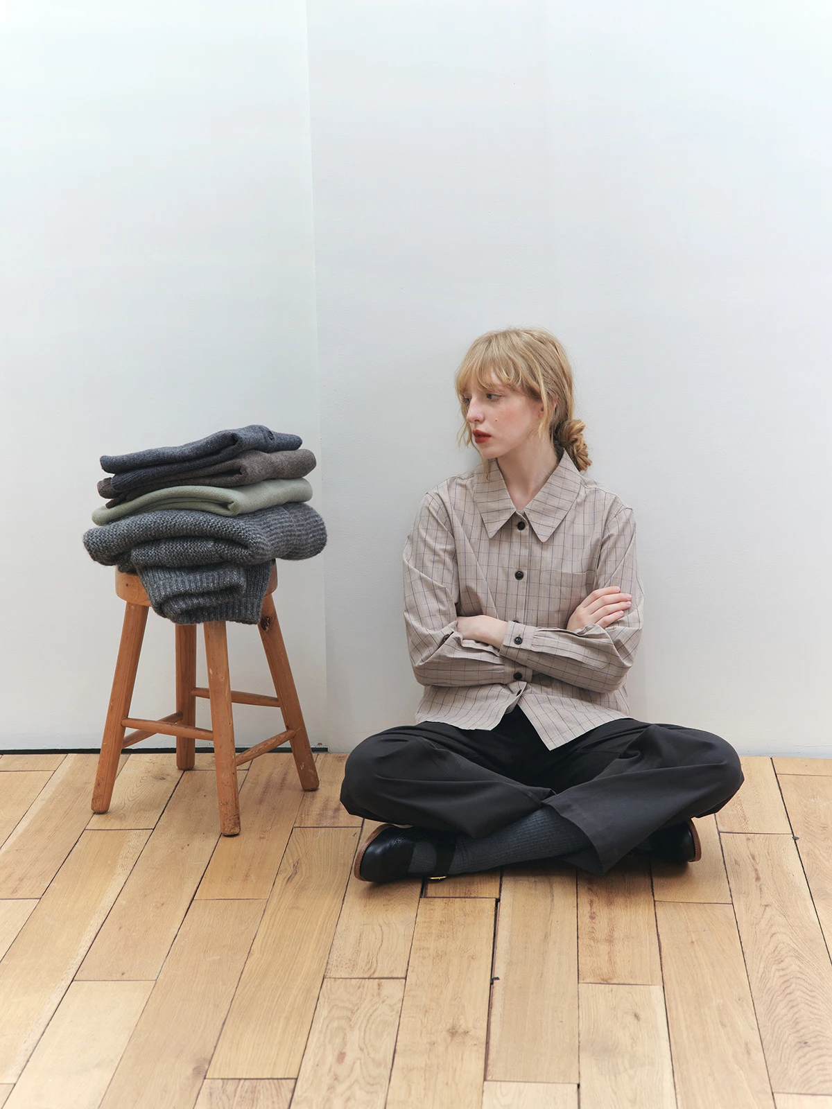 

Thi Weave Pure Cotton Long Sve irt round Collar Plaid Light Brown Sand Dune Women's Clean Fit Straight Tube irt