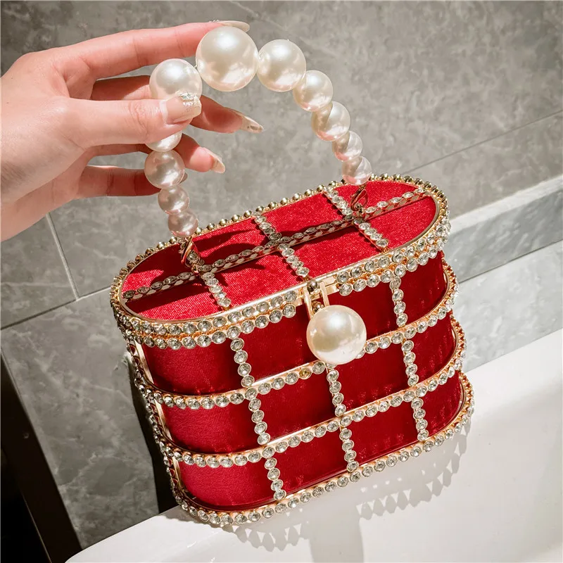 Metallic Evening Bag Pearl Hollow Out Womens Bags Luxury Design Rhinestone Diamond Dinner Bags For Party Wedding Handbags