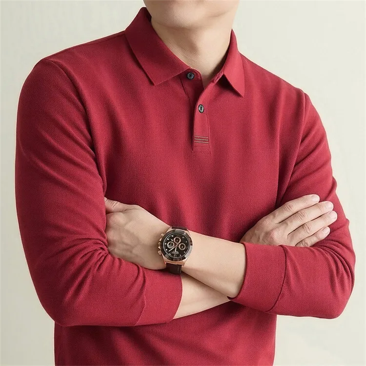 100% Mercerisierte Baumwolle Einfarbiges Business-Casual-Oberteil Herren Old Money Style Langarm-Poloshirt – Detail 37