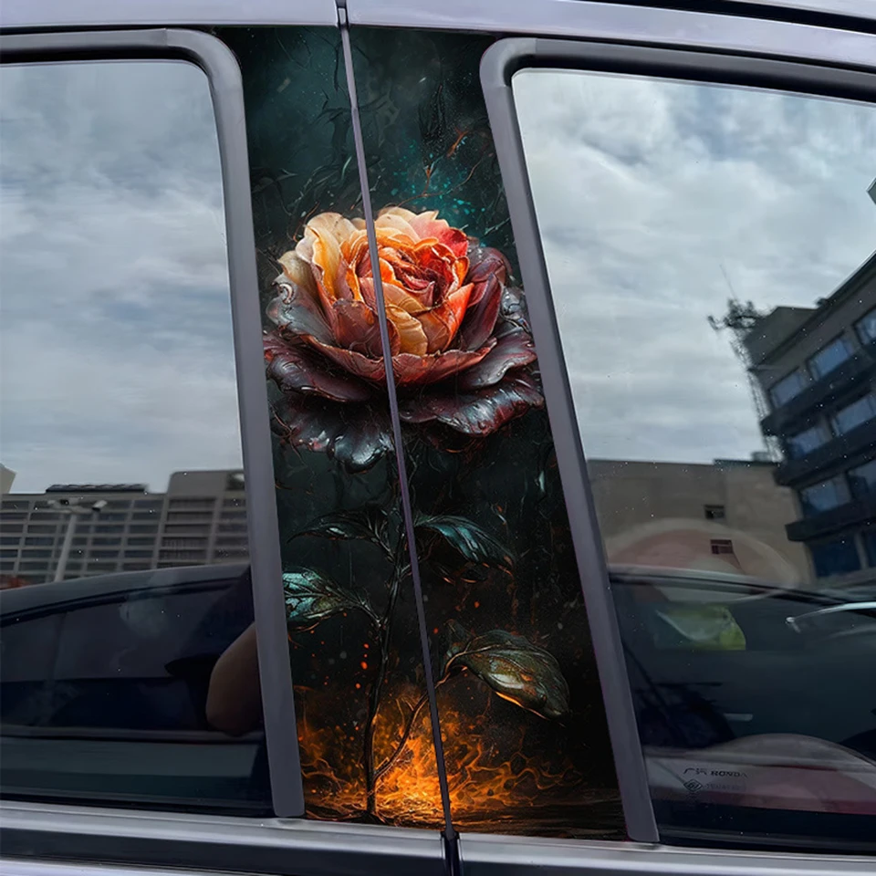

Car B Pillar Sticker Flame Rose Design - Blackout Vinyl Wrap for Window Trim Scratch Protection, Decor DIY Auto Accessorie SX-12