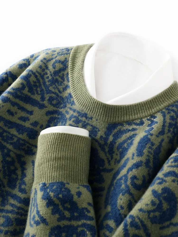 Maglione di lana merino stampato al 100% per uomo O-Collo lavorato a maglia pullover caldo autunno inverno top a maniche lunghe spesse abbigliamento casual da lavoro