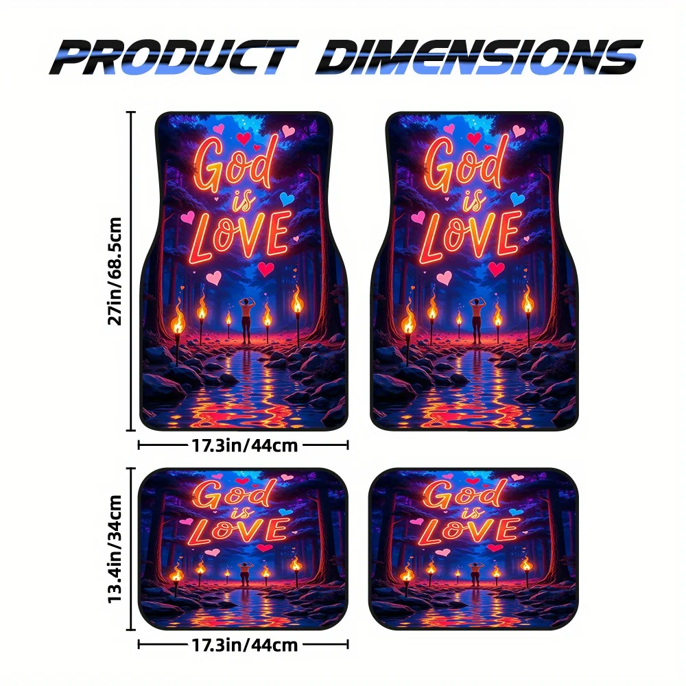 4pcs God Is Love Fantasy Forest Floor Mats - Durable Polyester, Fit For SUVs, Camping, And Off-Road Vehicles, Vibrant & Orange D