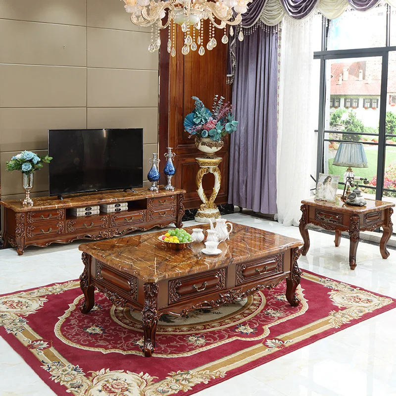 American Coffee Table TV Cabinet Household Solid Wood Living Room Small Apartment Luxury Rectangular Marble