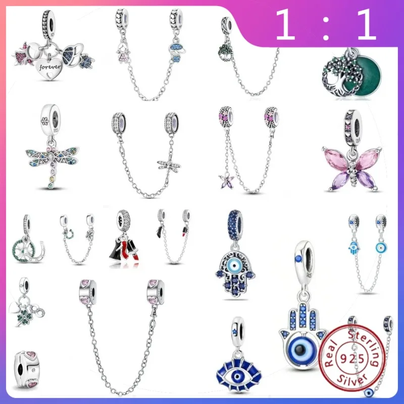 Nuevo Colgante de Plata 925 – Cadena de Seguridad con Diseños de Mariposa, Hierba de la Suerte