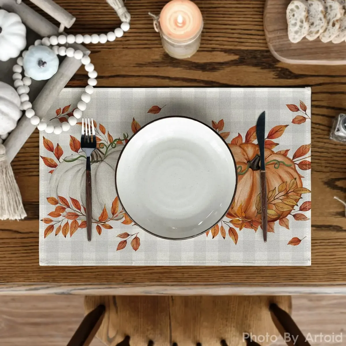 Buffalo Plaid Polka Dot Pumpkins Leaves Fall Placemats Set  Table Runner, Kitchen Dining Table Decoration for Indoor Party