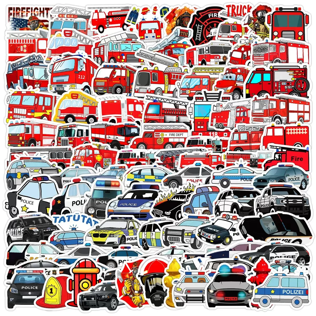 

10/50/100PCS Fire Engine Truck And Police Car Graffiti Stickers Firefighter Scrapbook Suitcase Water Bottle Phone Laptop Sticker