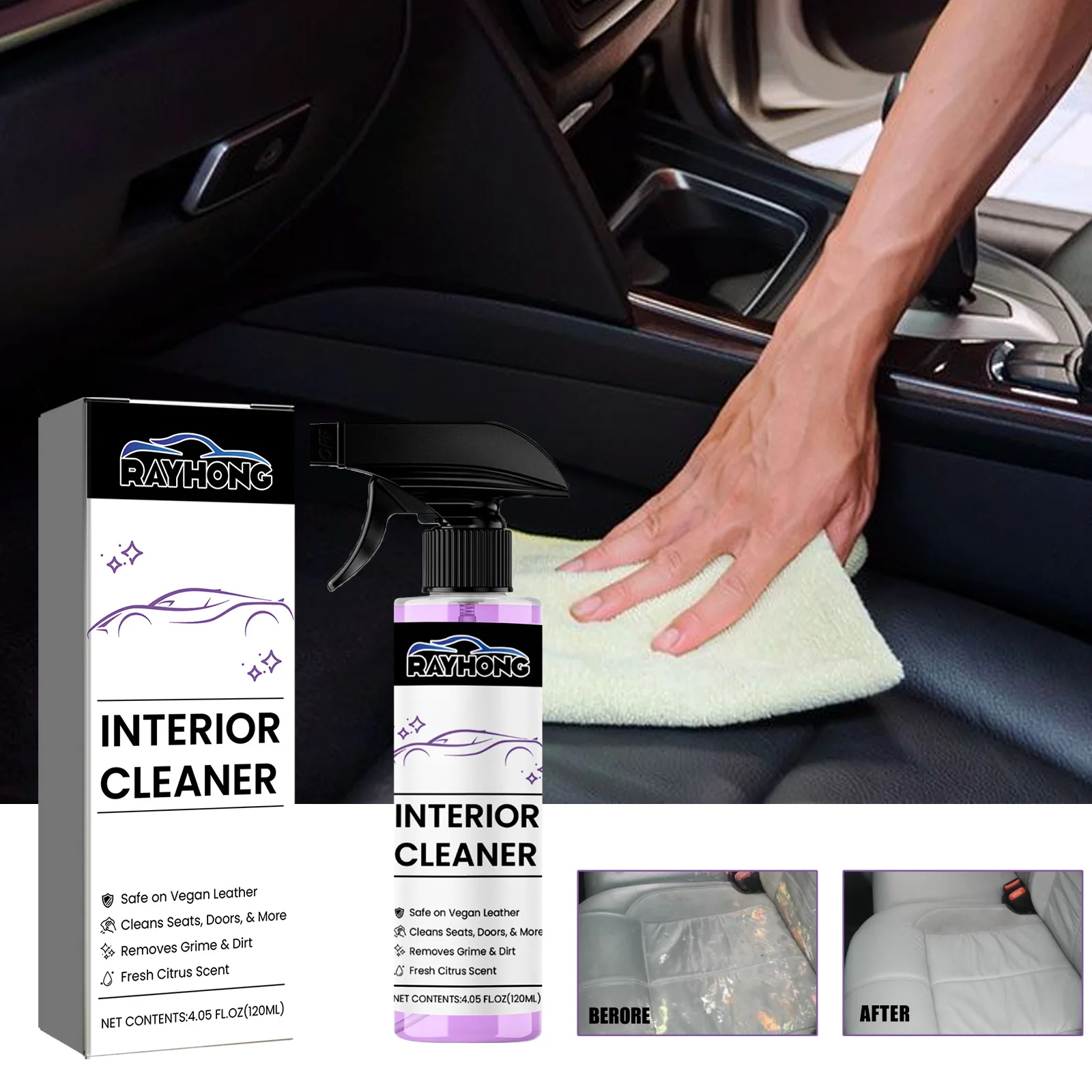 

Car Interior Cleaner 120ml - Upholstery & Dashboard Stain Remover for Leather, Fabric & Plastic Seats with Citrus Freshness