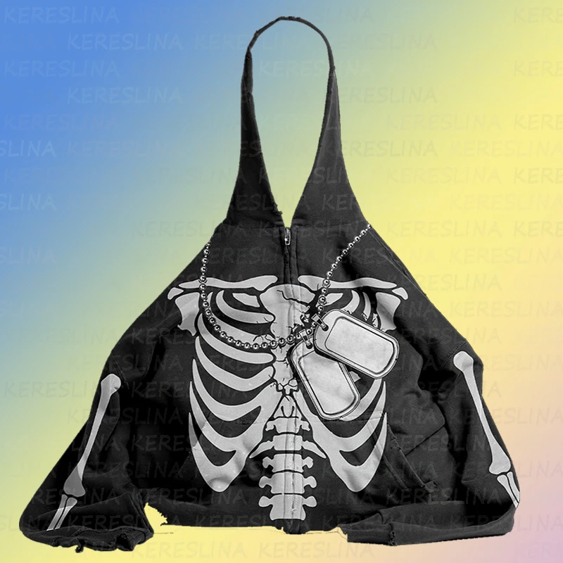 Ladies' fashionable multifunctional large capacity solid color skull pattern handbag hooded sweatshirt shaped shoulder bag