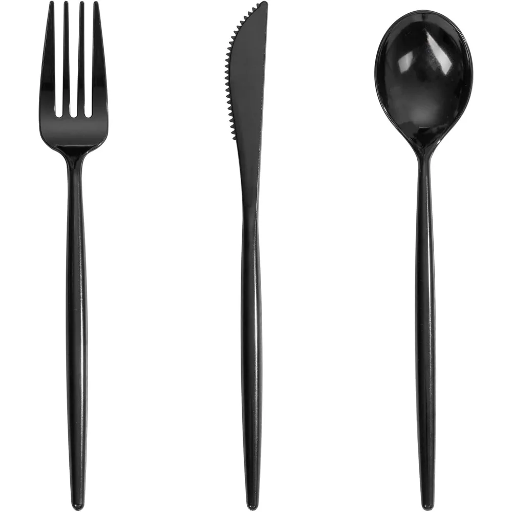 

360pcs Heavy Duty Black Plastic Cutlery Set - Disposable Forks, Knives, Spoons for Parties, Weddings & Events