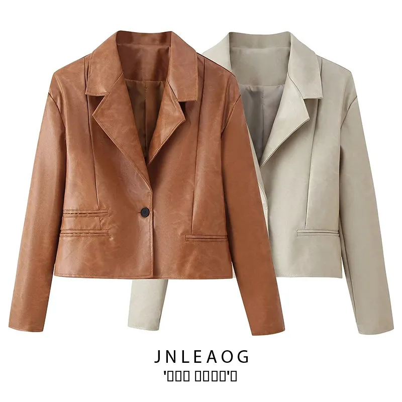 معطف JNLEAOG النسائي القابل للتصنيف من الجلد بياقة مقلوبة وتصميم متعدد الاستخدامات للخريف وصل حديثًا ملابس نسائية #1