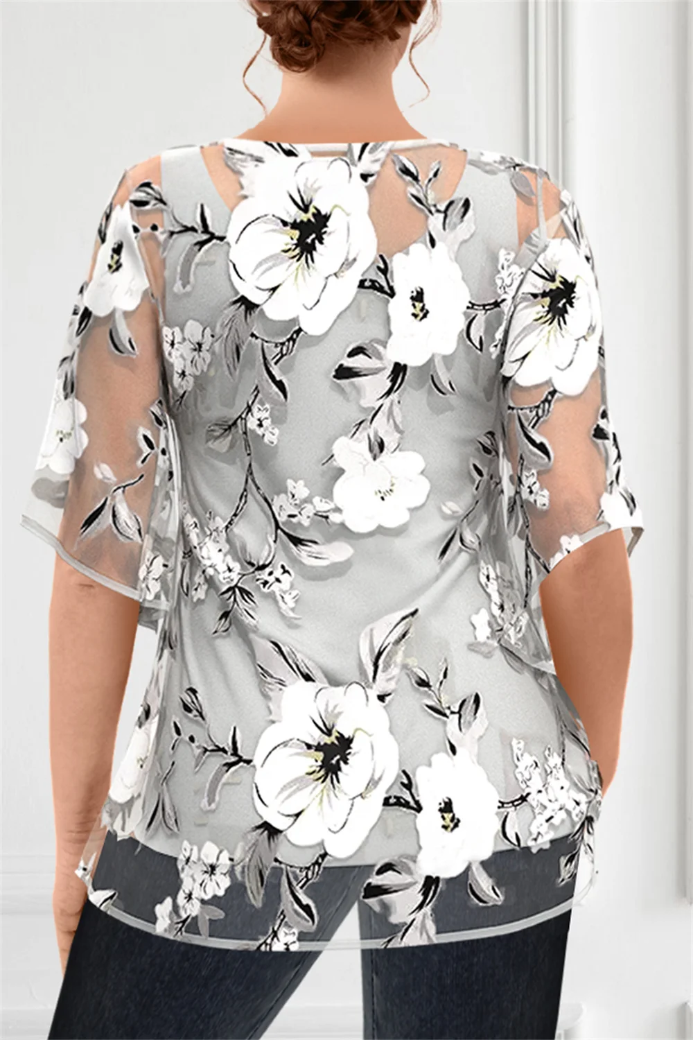 Flycurvy Plus Size Chic Zwart Chiffon Doorzichtige Bloemenprint Tweedelige Blouse Halve Mouw Tops