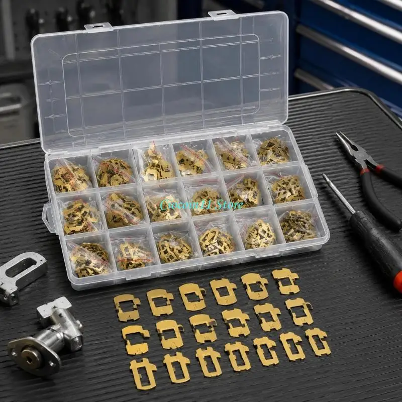 Y1UB Automotive Lock Component Assortment, 360 HU162T Brass Wafers with Numbered Types and Divided Storage for Door Lock Repair
