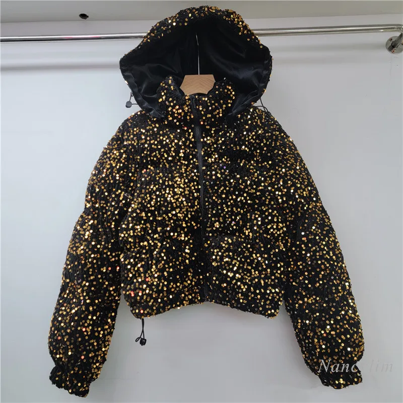 

Niche Design New Gold Sequins Thickened Bread Coat Women's Winter Short Cotton Jacket Hooded Parka