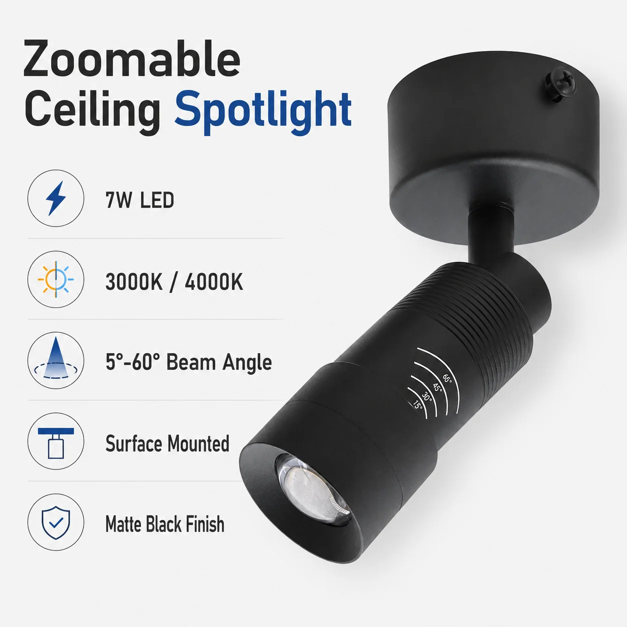JOYINLED Black Accent Track Spot Lamp 7W Surface Mount Downlight Zoomable LED Ceiling Spotlight, 5°-60° Adjustable Beam Angle