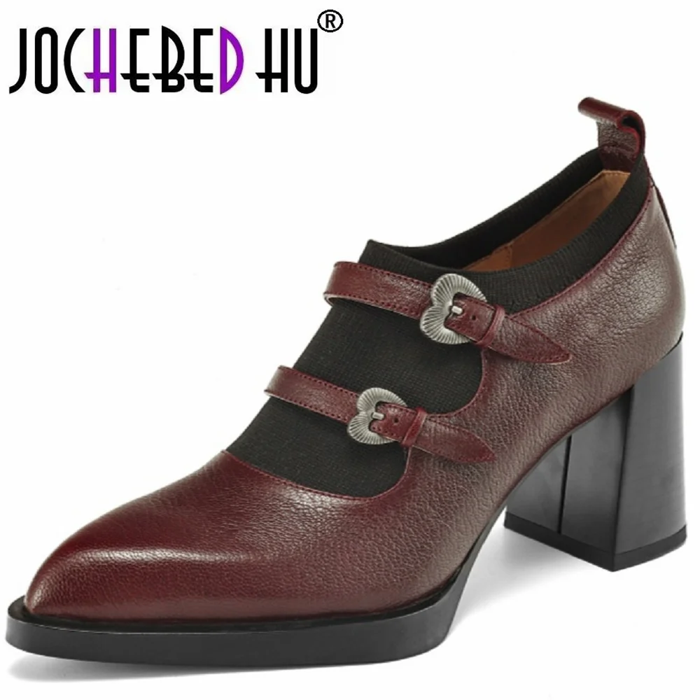 

【JOCHEBED HU】New Spring Autumn Genuine Leather Women Shoes Fashion Loafers Pointed Toe Chunky Shoes for High Heels Pumps 34-40