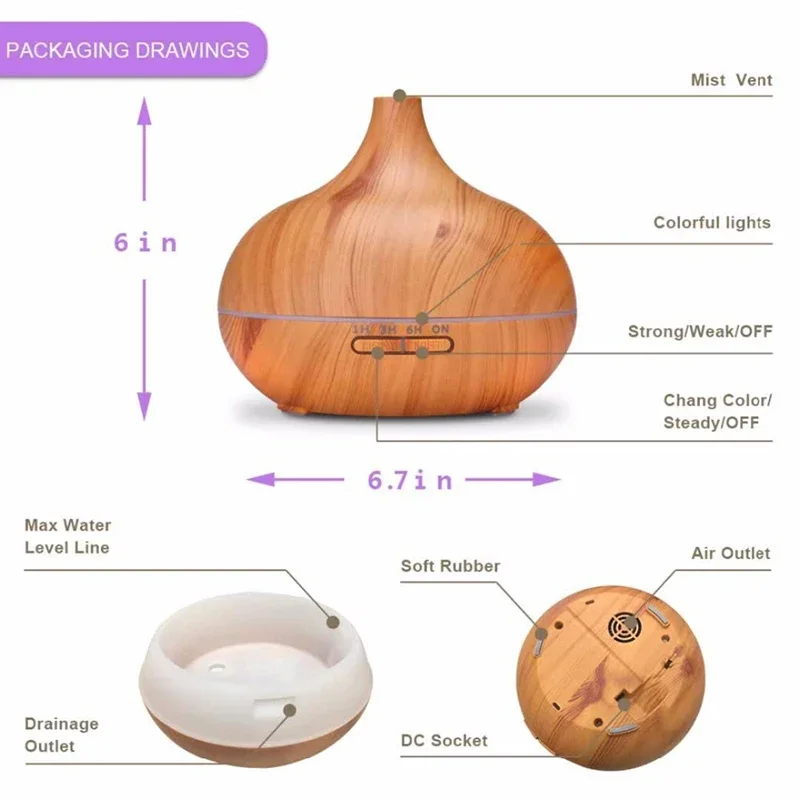 400ml Ultrasonic Air Humidifier Aroma Essential Oil Diffuser with Wood Grain 7 Color Changing LED Lights for Office Home