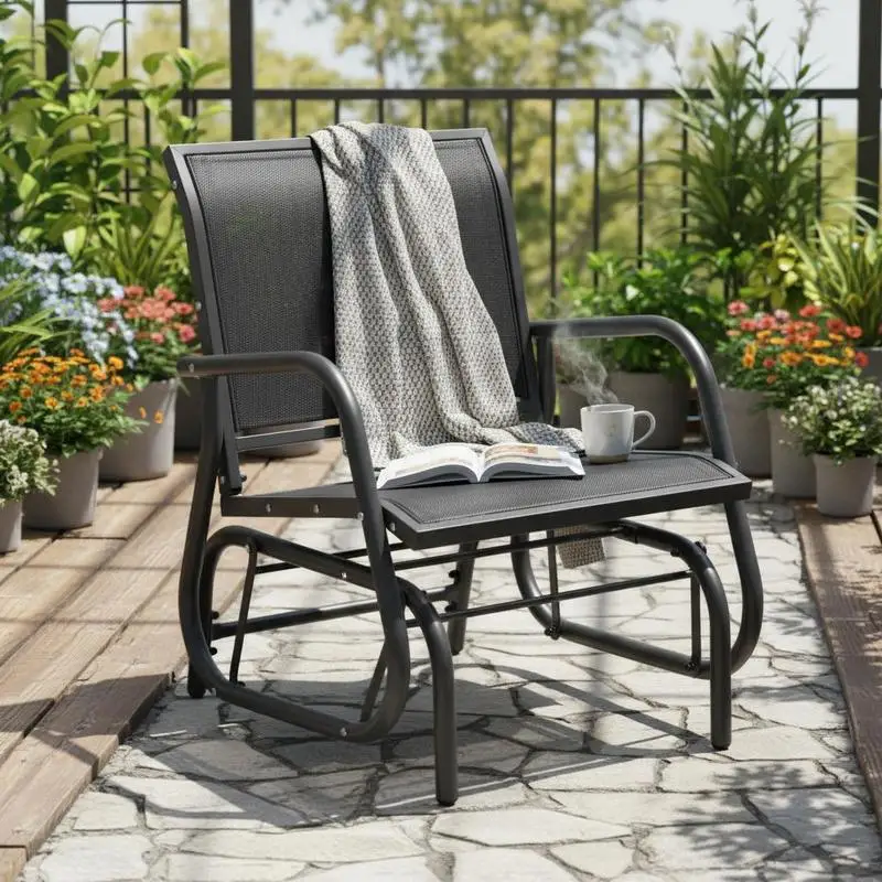 Metal rocking chair, garden chair with armrests and backrest, garden swing, load capacity up to 120 kg, outdoor relaxation chair for balcony, garden, and patio, black